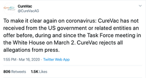 CureVac avviste igjen at amerikanske myndigheter har lagt inn bud på selskapet.