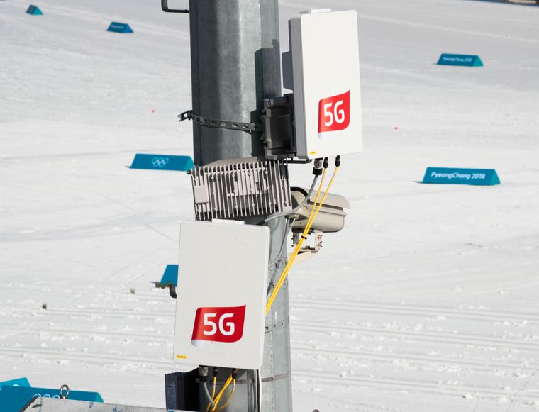 5G-sendere på stolper i Alpensia Cross-Country Skiing Centre under vinter-OL i Pyeongchang.