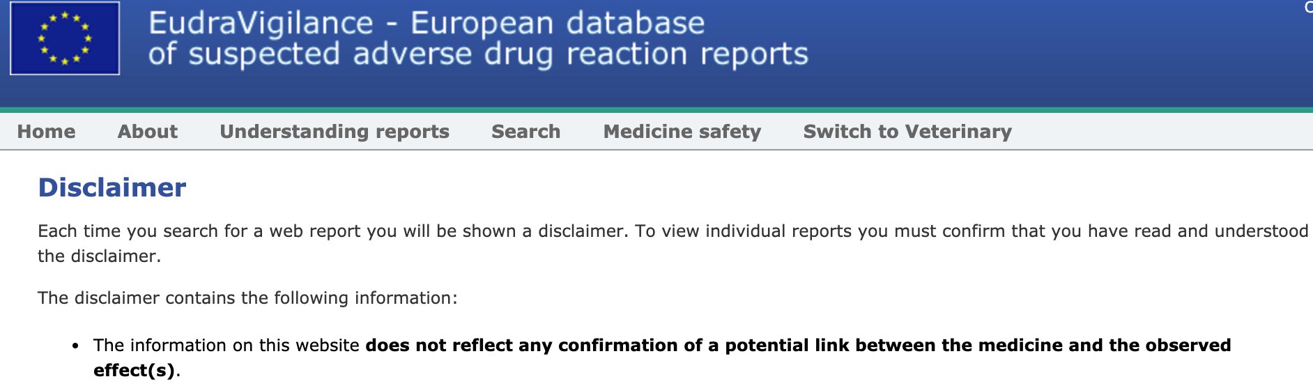 Bildet viser første punkt i advarselen man må bekrefte å ha forstått før man går inn i rapportsystemet i EU-databasen.