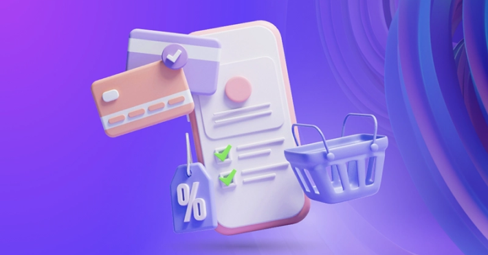 a purple background with a shopping basket a credit card and a checklist