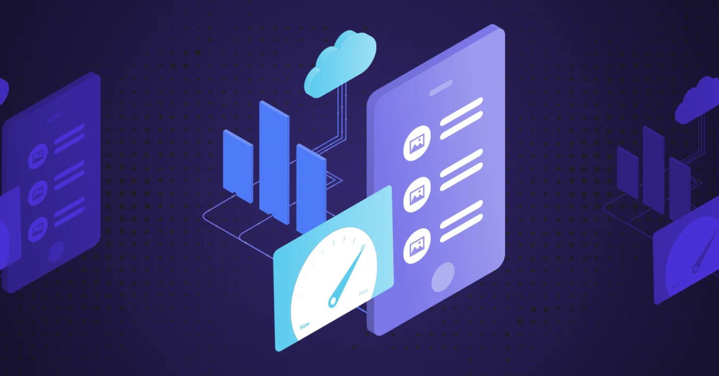 an isometric illustration of a phone with a cloud and a speedometer