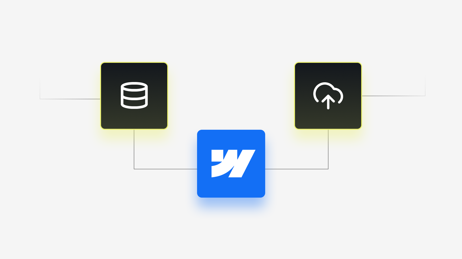 Webflow logo connected to database and cloud upload icons, illustrating CMS and hosting migration.