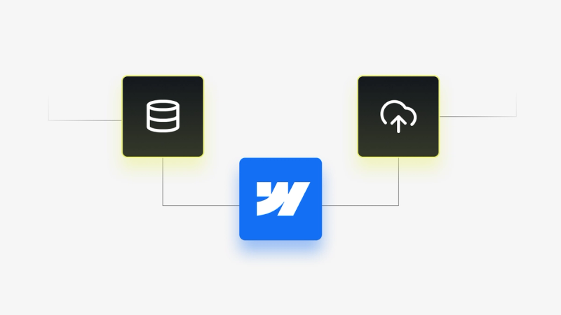 Webflow logo connected to database and cloud upload icons, illustrating CMS and hosting migration.