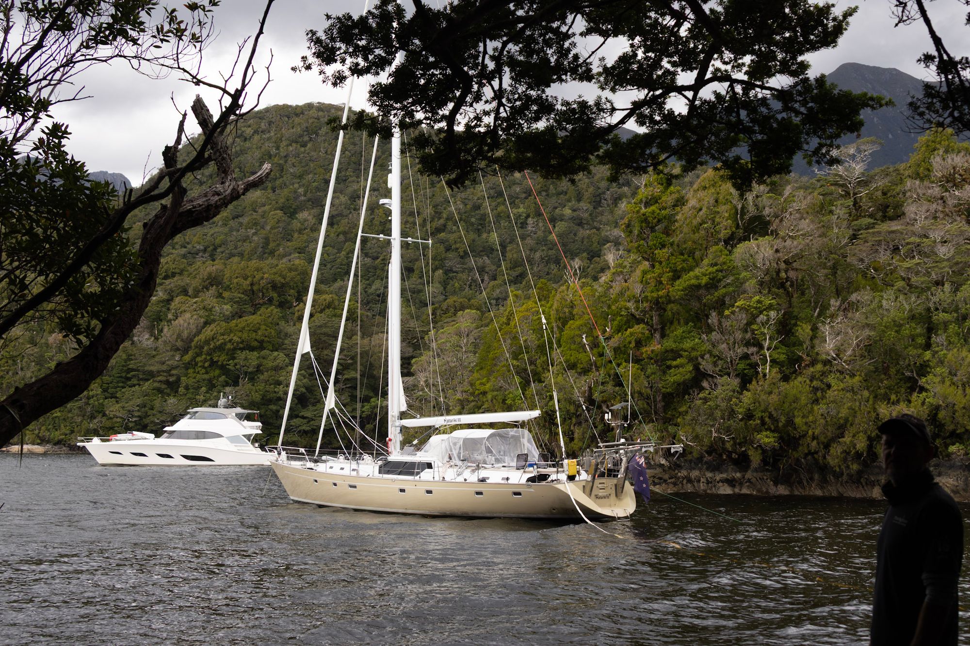 Matariki III stern-tied in Pickersgill Harbour — exactly where HMS Resolution anchored in 1773