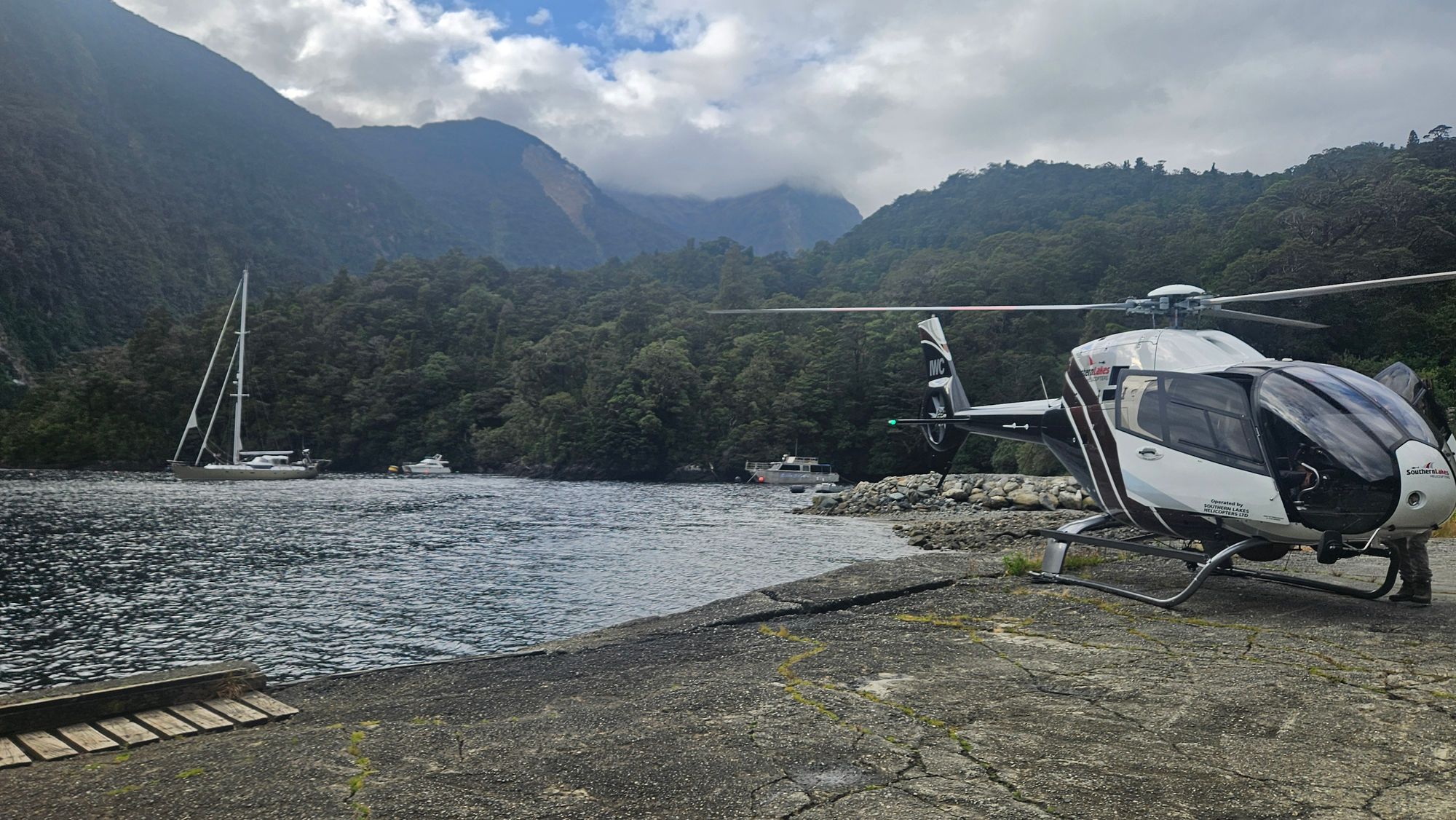 The helicopter at Deep Cove with Matariki in the background