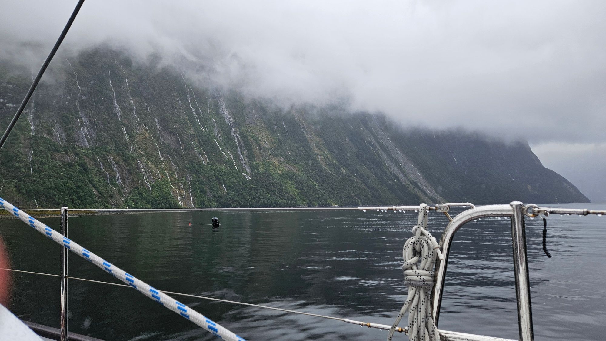 Waterfalls everywhere after the rain, Milford Sound cliff walls