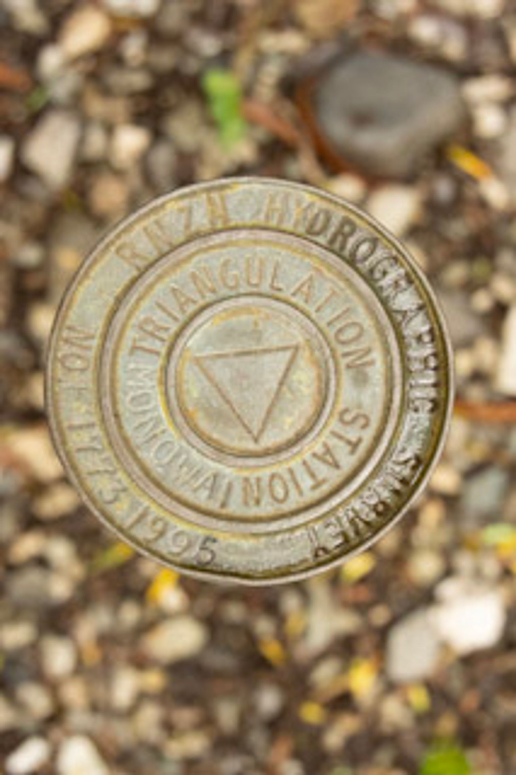 RNZN Hydrographic Survey triangulation station brass marker set in the ground at Astronomer Point, Dusky Sound