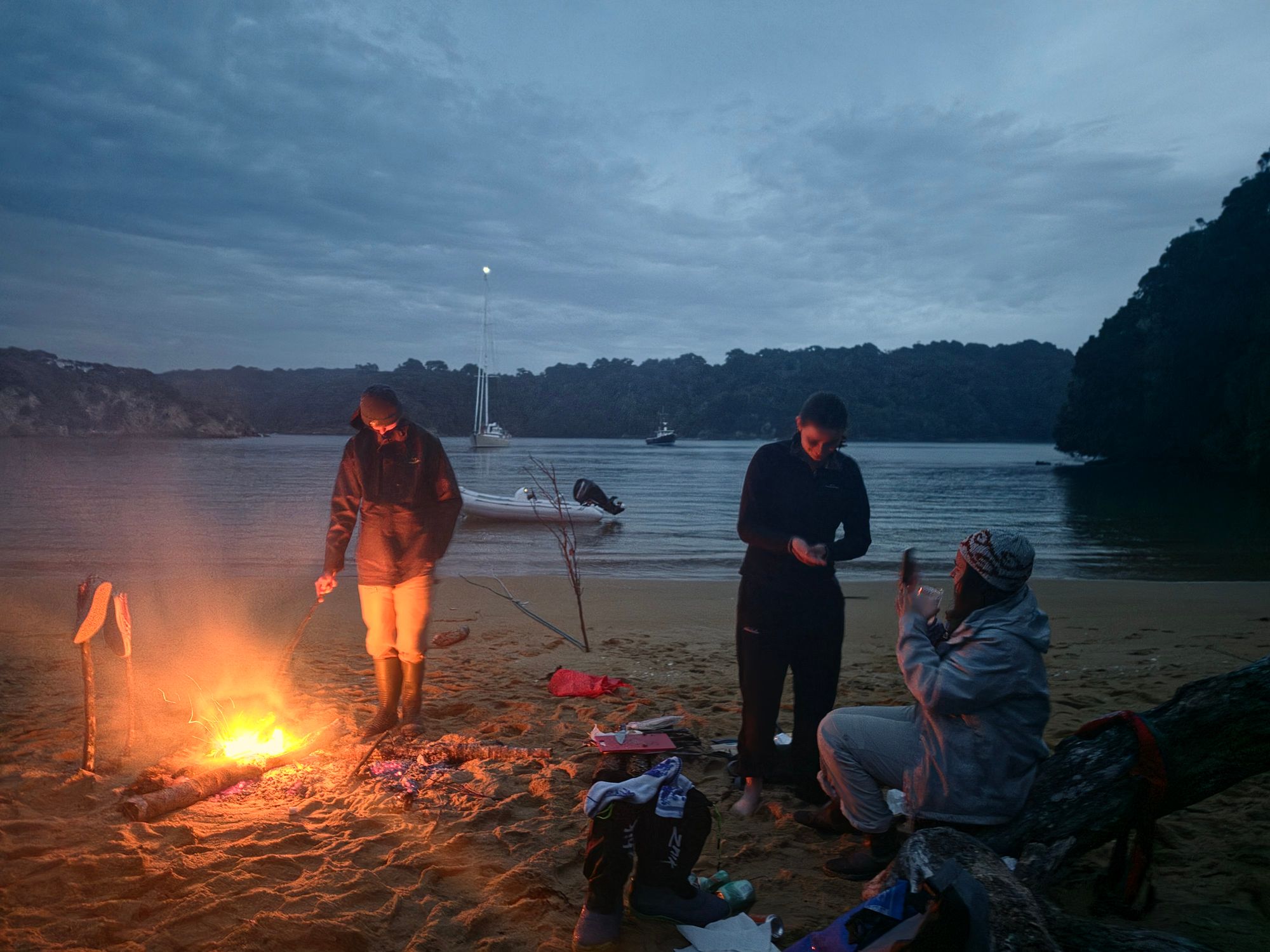 Beach BBQ at Abraham's Bosom, Stewart Island — driftwood fire on the sand, southern sky behind