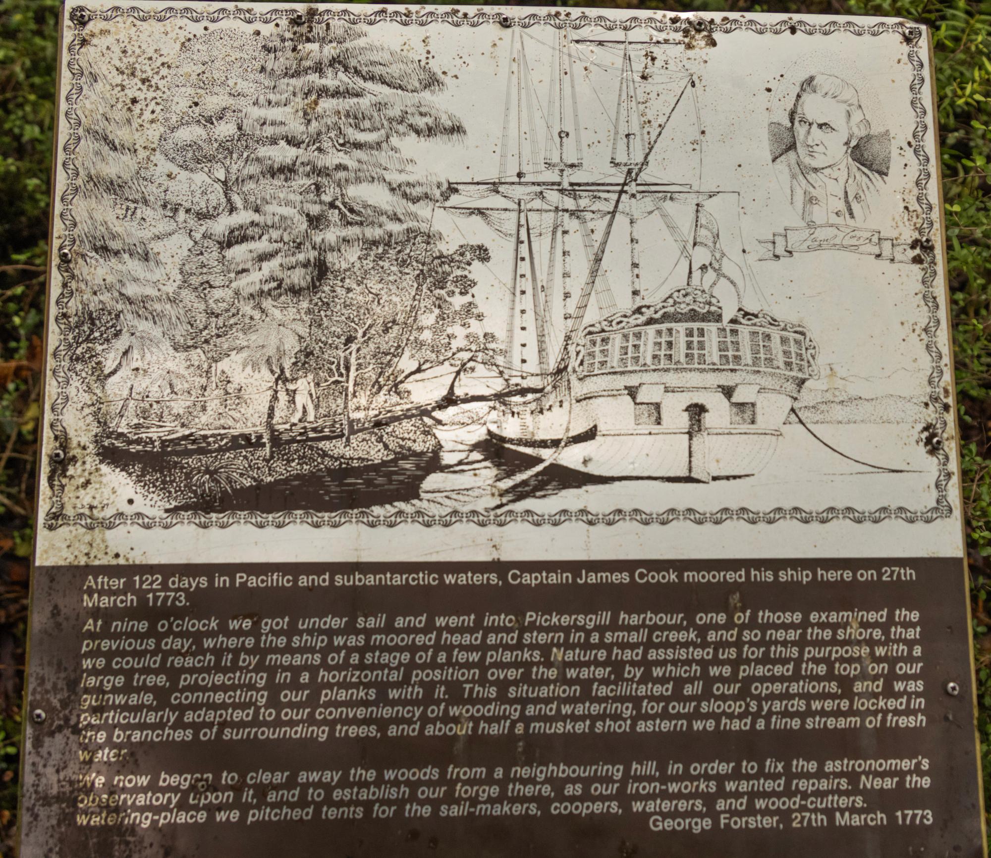 DOC historical plaque at Pickersgill Harbour showing engraving of HMS Resolution stern-tied and Cook's portrait, with George Forster's journal entry