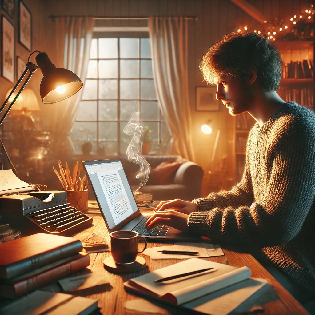 An image of a man typing a story on a laptop.