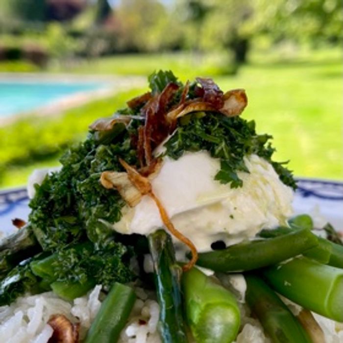 Photo de Riz croustillant aux haricots et asperges avec sa burrata
