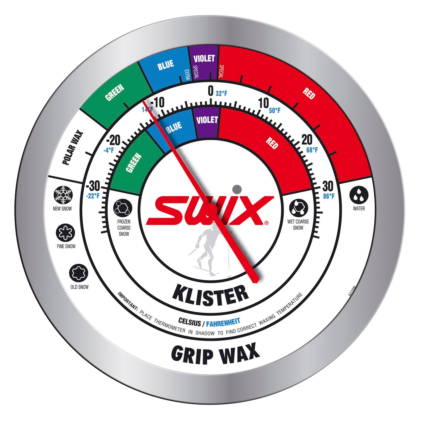 Thermomètre Swix qui inside la couleur du fart à utiliser en fonction de la température
