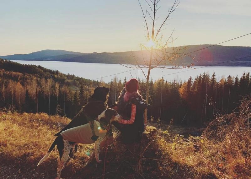 Cyndie avec ls chiens dans la fôret avec vue sur le lac sous le soleil couchant