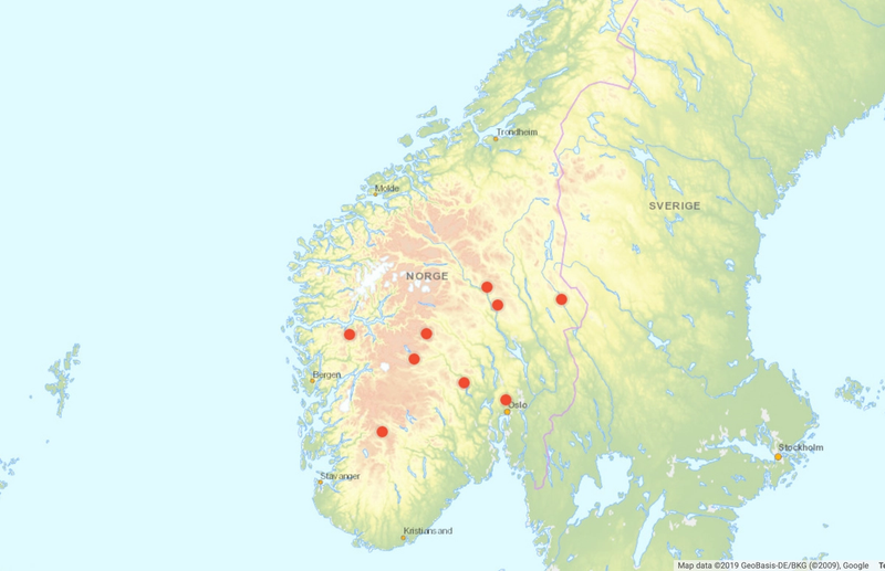 Carte du sud de la Norvège avec le placement des 9 plus grosses stations de ski alpin
