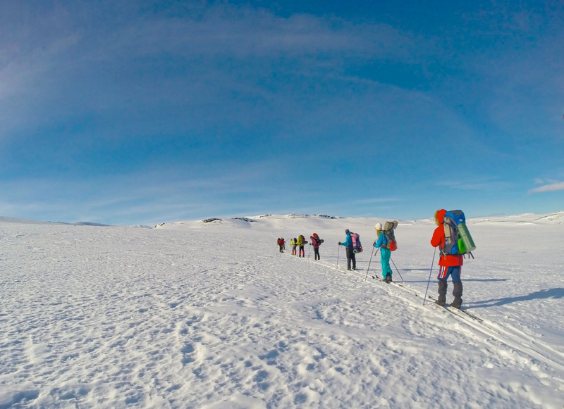 Personnes faisant du ski de rando sur une pleine enneigée