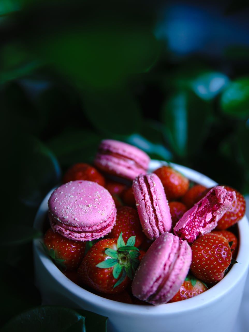 Photo stylée de macarons fraise