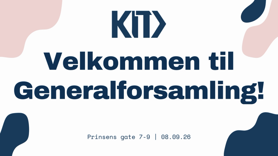 Grafikk med K1T-logoen og teksten «Velkommen til Generalforsamling!», samt «Prinsens gate 7–9 | 08.09.26», på hvit bakgrunn med rosa og mørkeblå former.