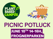 Reklameplakat for Plant Based Campus som inviterer til «Picnic Potluck» 10. juni kl. 14–16 i Frognerparken, med illustrasjon av en piknikkurv og mat på et rutete teppe.