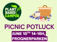 Reklameplakat for Plant Based Campus som inviterer til «Picnic Potluck» 10. juni kl. 14–16 i Frognerparken, med illustrasjon av en piknikkurv og mat på et rutete teppe.