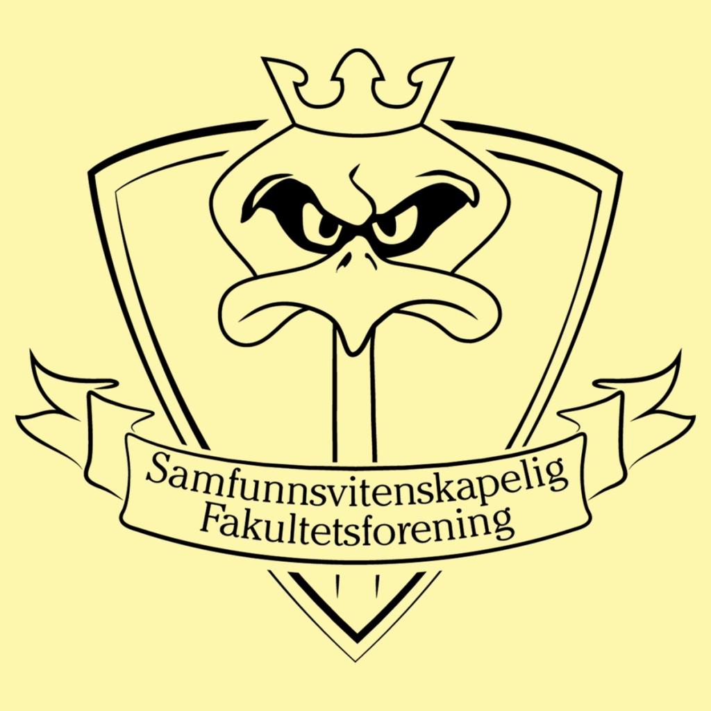 Logo med en sint andefigur med krone inni et skjold, og et banner under med teksten «Samfunnsvitenskapelig Fakultetsforening» på lys gul bakgrunn.