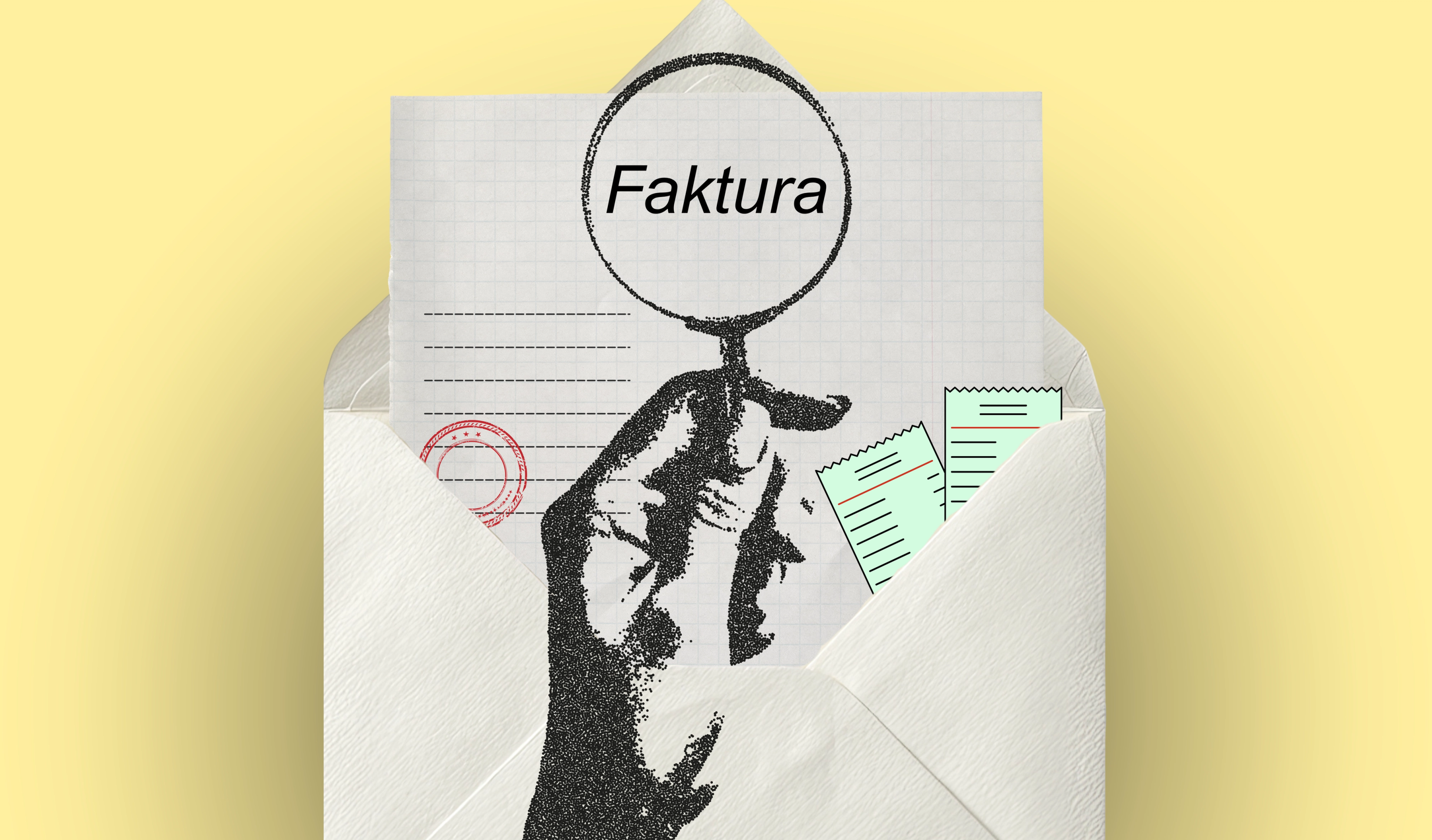 Illustrasjon av et brev som inneholder en faktura med ordet «Faktura» i et forstørrelsesglass, omgitt av kvitteringer og stempler mot en lys gul bakgrunn.