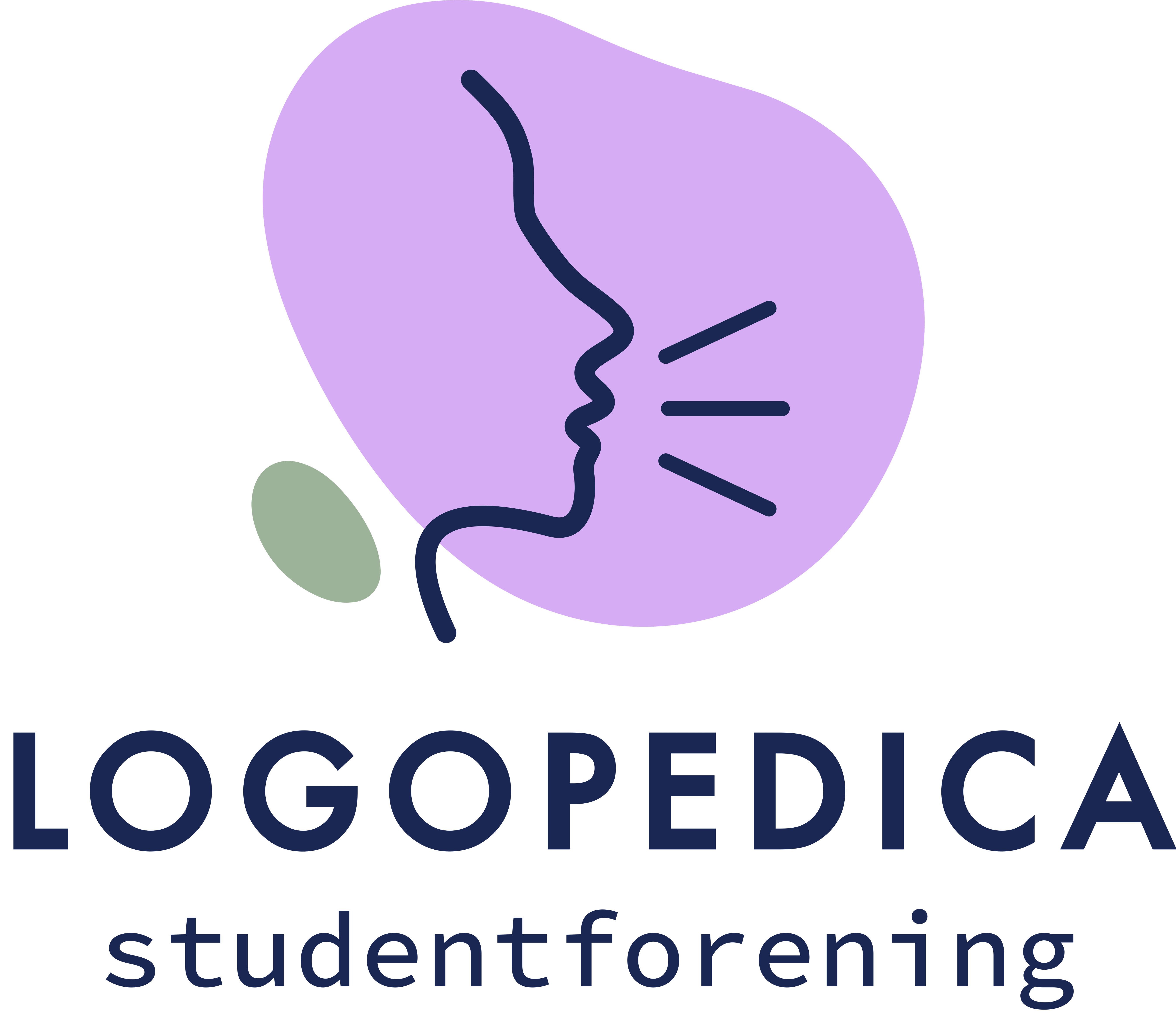 Logo for Logopedica studentforening, med en stilisert ansiktsprofil foran en lilla bakgrunn og en grønn bladform.
