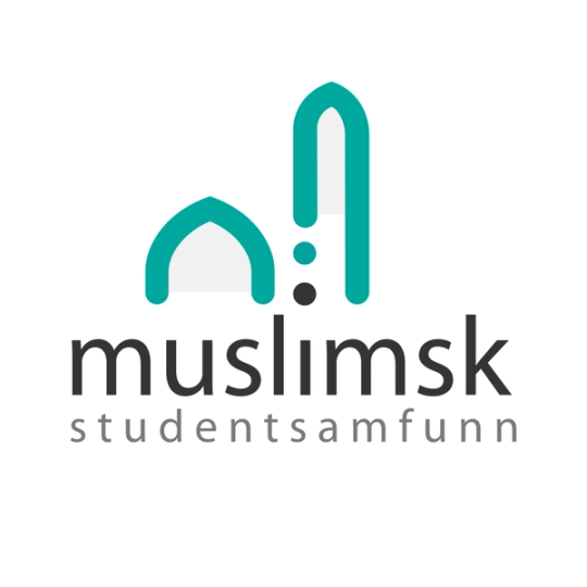 Logo for Muslimsk studentsamfunn med stiliserte turkise minaret- og bueformer over teksten «muslimsk studentsamfunn» i grå bokstaver på hvit bakgrunn.