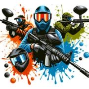 Illustrasjon av tre personer i fullt paintballutstyr som sikter med markører, omgitt av fargerike malingsplask i bakgrunnen.