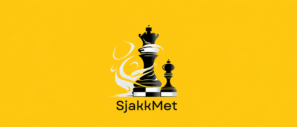 Logo med en svart dronning og en svart bonde på et sjakkbrett, omgitt av hvite, svevende linjer, med teksten «SjakkMet» under på en gul bakgrunn.