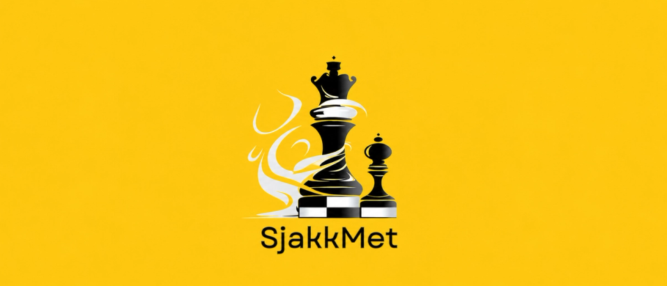 Logo med en svart dronning og en svart bonde på et sjakkbrett, omgitt av hvite, svevende linjer, med teksten «SjakkMet» under på en gul bakgrunn.