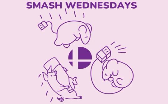Lilla illustrasjon med teksten «SMASH WEDNESDAYS», tre tegneseriefigurer med USB-kontakter og Super Smash Bros.-logoen i midten på en lys rosa bakgrunn.