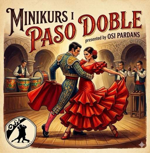 Illustrasjon av et par som danser en dramatisk paso doble på en scene, med kvinnen i rød flamencokjole og mannen i tyrefekterinspirert drakt, omgitt av musikere som spiller trommer og klapper rytmen.