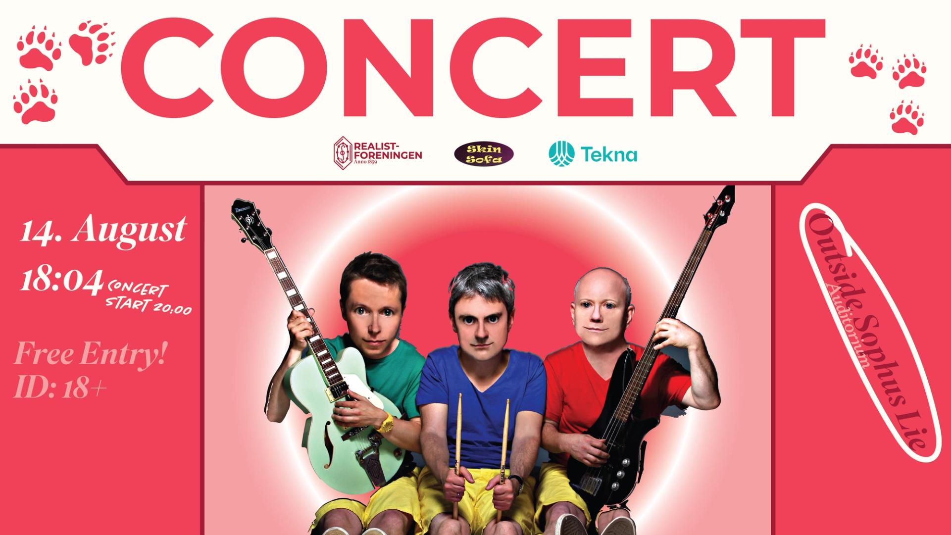 Plakat for en konsert 14. august utenfor Sophus Lie auditoriet, med tre musikere i fargerike klær som spiller gitar, trommer og bass, og tekst som opplyser om gratis inngang for personer over 18 år.