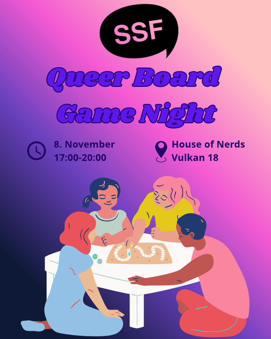 Plakat for SSF Queer Board Game Night 8. november kl. 17–20 på House of Nerds, Vulkan 18, illustrert med fire personer som spiller brettspill rundt et bord.