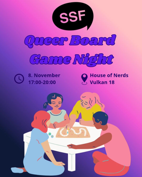 Plakat for SSF Queer Board Game Night 8. november kl. 17–20 på House of Nerds, Vulkan 18, illustrert med fire personer som spiller brettspill rundt et bord.