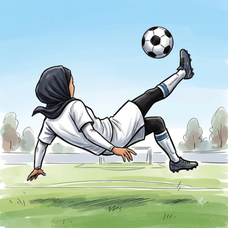 Illustration of a soccer player wearing a hijab and white uniform performing a bicycle kick on a grassy field under a clear blue sky.