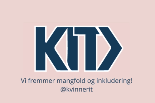 Logoen til KID i mørk blå på lys rosa bakgrunn, med teksten «Vi fremmer mangfold og inkludering! @kvinnerit» under.