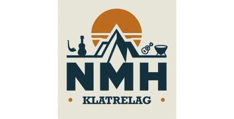 Logo for NMH Klatrelag med et stilisert fjell foran en oransje sol, omgitt av musikkinstrumenter.