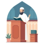 Illustration of a bearded man in traditional Islamic clothing standing at a mosque pulpit, reading from an open book with one hand raised, next to a small table with stacked books and a potted plant.