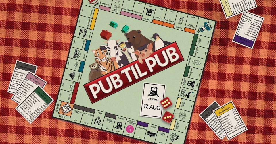 Illustrasjon av et Monopol-lignende brettspill med teksten «PUB TIL PUB» over tegninger av ulike dyr midt på brettet, omgitt av spillebrikker, kort og terninger på en rød rutete duk.