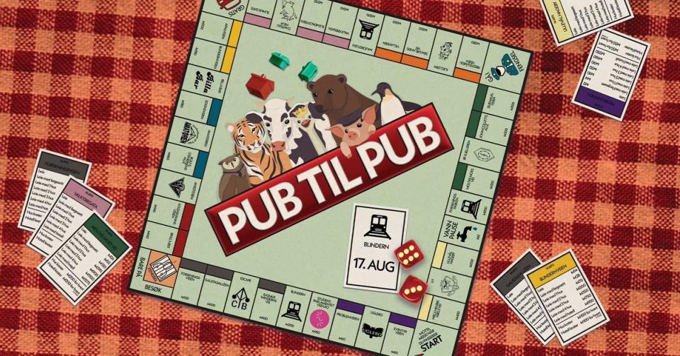 Illustrasjon av et Monopol-lignende brettspill med teksten «PUB TIL PUB» over tegninger av ulike dyr midt på brettet, omgitt av spillebrikker, kort og terninger på en rød rutete duk.