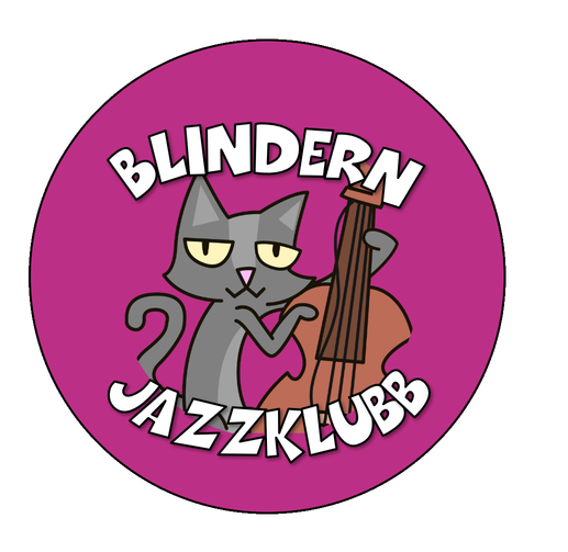 Rund, rosa logo med teksten «Blindern Jazzklubb» rundt en tegnet grå katt som spiller kontrabass.