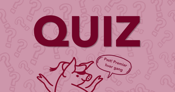 Rosa illustrasjon med stor tekst som sier «QUIZ» og en tegnet gris nederst som holder en snakkeboble med teksten «Psst! Premier hver gang».