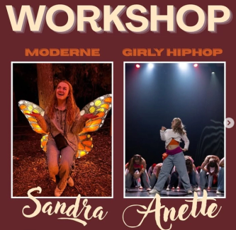 Plakat for en danseworkshop med moderne dans ved Sandra og girly hiphop ved Amélie, illustrert med bilder av de to danserne.