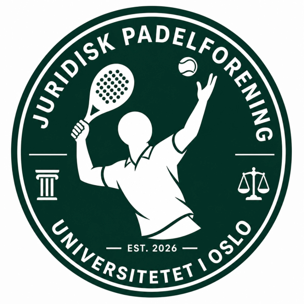 Grønt og hvitt logoemblem for Juridisk Padelforening ved Universitetet i Oslo, med en stilisert padelspiller i midten, en søyle til venstre, vektskåler til høyre og teksten «EST. 2026» nederst.