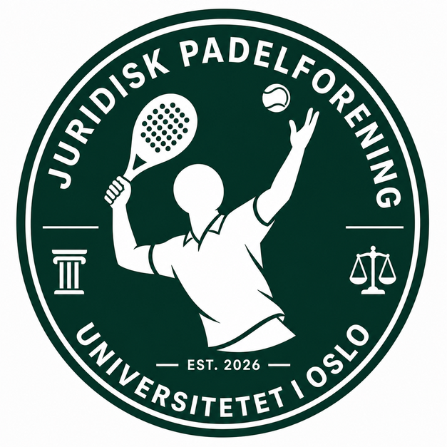 Grønt og hvitt logoemblem for Juridisk Padelforening ved Universitetet i Oslo, med en stilisert padelspiller i midten, en søyle til venstre, vektskåler til høyre og teksten «EST. 2026» nederst.