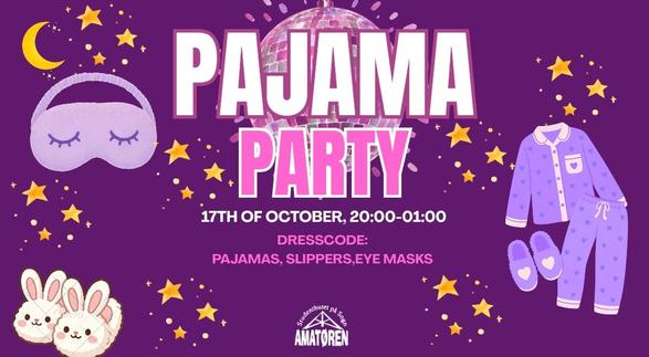 Lilla plakat for «Pajama Party» 17. oktober kl. 20.00–01.00, dekorert med stjerner, sovemaske, pysj, tøfler og kaniner. Kleskode er pysjamas, tøfler og sovemasker.