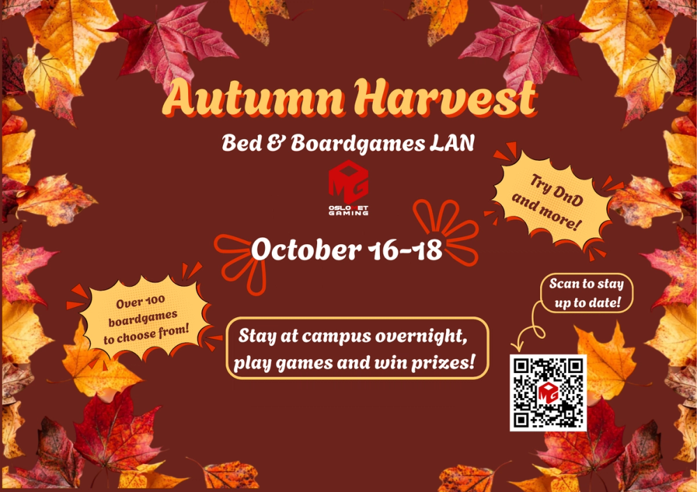 Høstlig plakat for «Autumn Harvest Bed & Boardgames LAN» fra Oslo Met Gaming, 16.–18. oktober. Arrangementet tilbyr overnatting på campus, mer enn 100 brettspill, premier, Dungeons & Dragons og en QR-kode for mer informasjon.