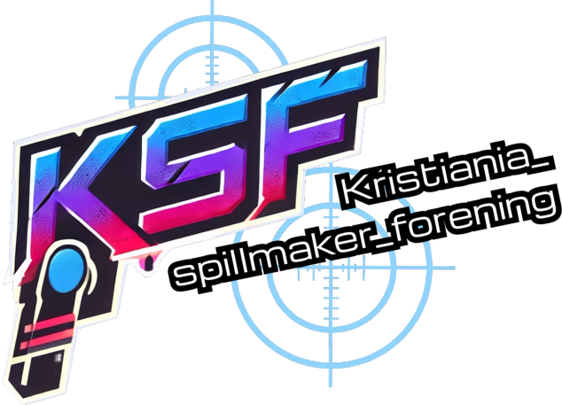 Logo for Kristiania Spillmaker-forening (KSF) featuring large stylized gradient letters 'KSF' in blue, purple, and pink with a game controller motif and blue crosshair graphics in the background.