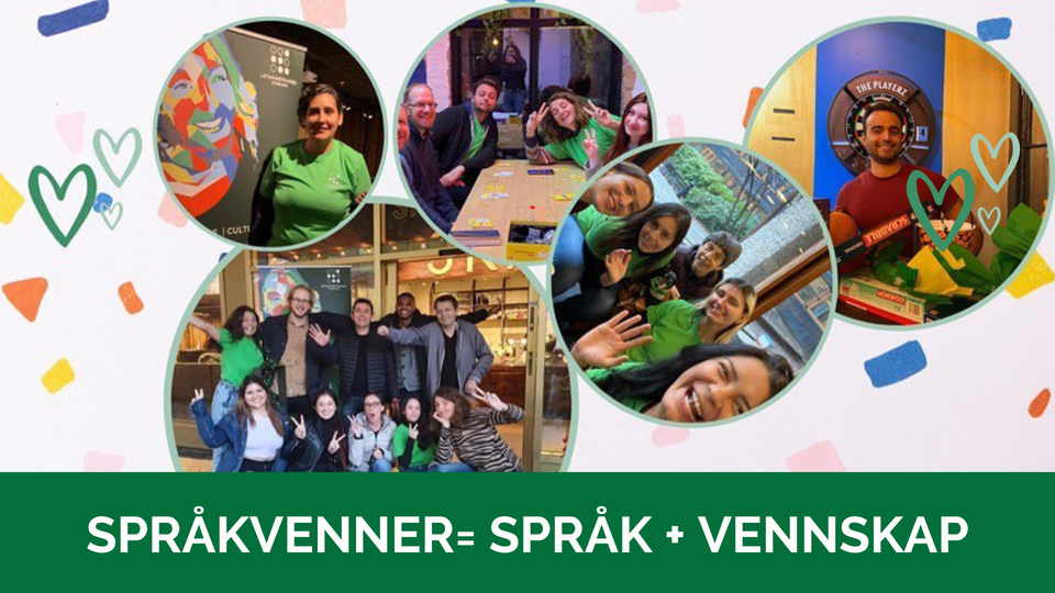 En kollasj av smilende mennesker som møtes, spiller spill og poserer sammen. Nederst står teksten «Språkvenner = språk + vennskap» på grønn bakgrunn.